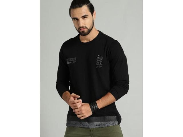 Roadster Men Black Printed Round Neck T-shirt